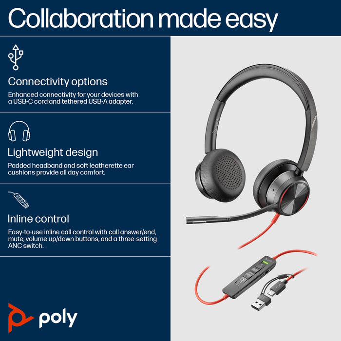 HP Poly Blackwire 8225 Stereo USB-C Headset +USB-C/A Adapter, Wired, Office/Call center, 187 g, Headset, Black