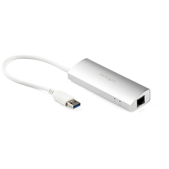 StarTech.com 3-Port USB Hub with Ethernet, USB-A Ports, Gigabit Ethernet/GbE, USB 5Gbps, Rugged Design, Bus-Powered, Portable Laptop USB 3.0 Hub, Wired, USB, Ethernet, 5000 Mbit/s, Silver, White