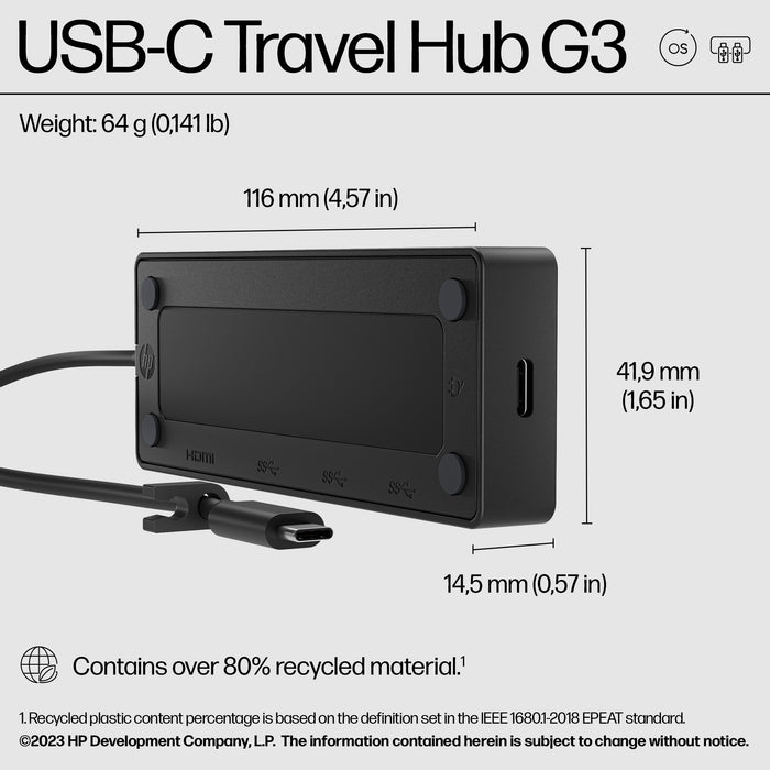 HP USB-C Travel Hub G3, Wired, USB 3.2 Gen 2 (3.1 Gen 2) Type-C, 60 Hz, HDMI, USB 3.2 Gen 2 (3.1 Gen 2) Type-A, USB 3.2 Gen 2 (3.1 Gen 2) Type-C, Vietnam, USB-C