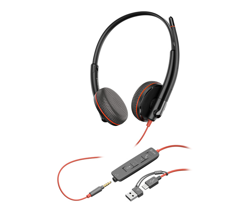 HP Poly Blackwire 3225 Stereo USB-C Headset +3.5mm Plug +USB-C/A Adapter (Bulk), Wired, 20 - 20000 Hz, Office/Call center, 92 g, Headset, Black