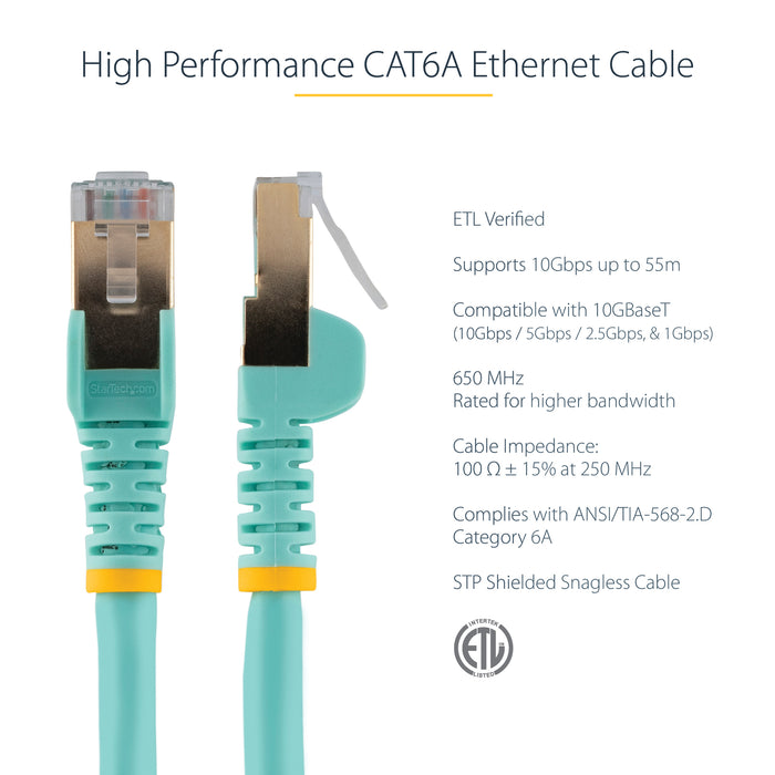 StarTech.com 2m CAT6a Ethernet Cable - 10 Gigabit Shielded Snagless RJ45 100W PoE Patch Cord - 10GbE STP Network Cable w/Strain Relief - Aqua Individually Tested/Wiring is UL Certified/TIA, 2 m, Cat6a, U/FTP (STP), RJ-45, RJ-45, Turquoise