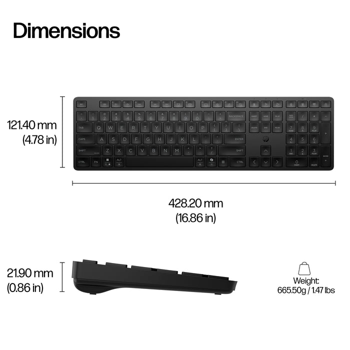 HP 490K Multi-Device Dual-Mode Keyboard, Full-size (100%), Wireless, USB + Bluetooth, Plunger key switch, QWERTY, Black