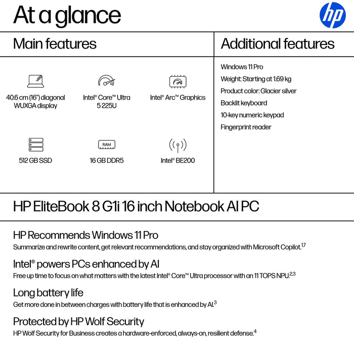 HP EliteBook 8 G1i 16, Intel Core Ultra 5, 40.6 cm (16"), 1920 x 1200 pixels, 16 GB, 512 GB, Windows 11 Pro