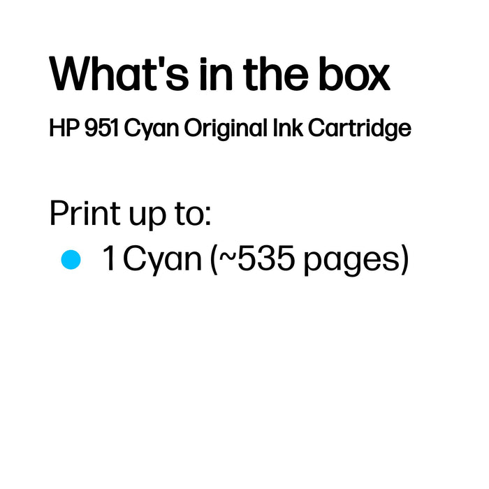 HP 951 Cyan Original Ink Cartridge, Standard Yield, Cyan, Pigment-based ink, 8.5 ml, 1 pc(s), Single pack