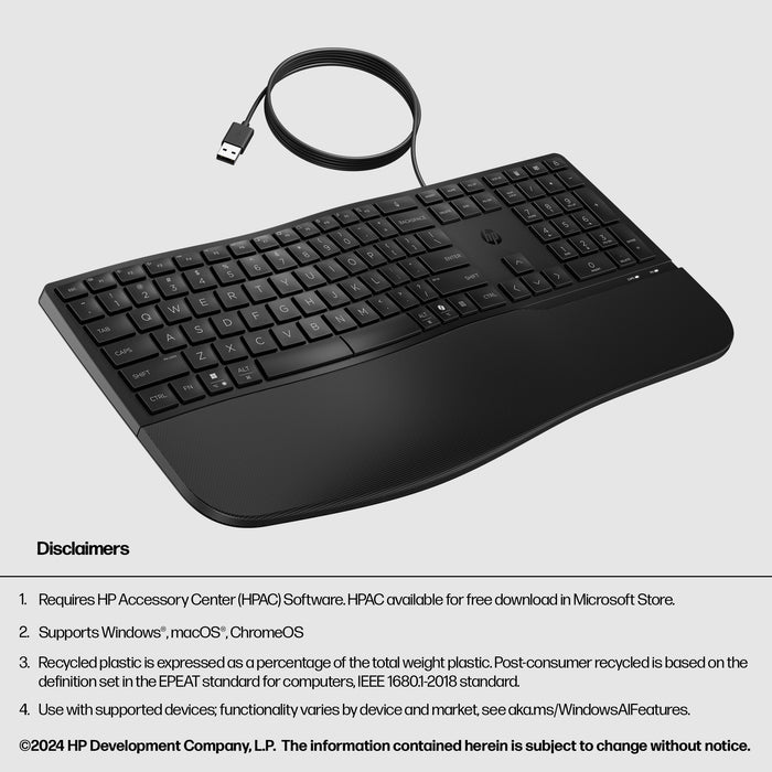 HP 485 Comfort Wired Keyboard, Full-size (100%), Wired, USB, Membrane, Black