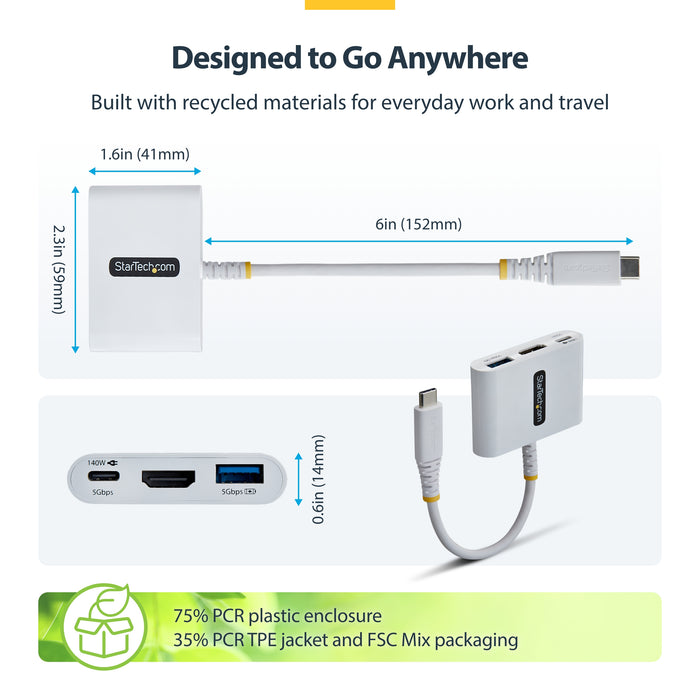 StarTech.com USB-C to HDMI Multiport Adapter with 140W PD Charging, 4K 60Hz HDMI, USB 5Gbps Hub, Mini Dock For MacBook / Dell / Thinkpad / HP / iPad / Tablets, Wired, USB 3.2 Gen 1 (3.1 Gen 1) Type-C, 140 W, White, 5 Gbit/s, 4K DCI