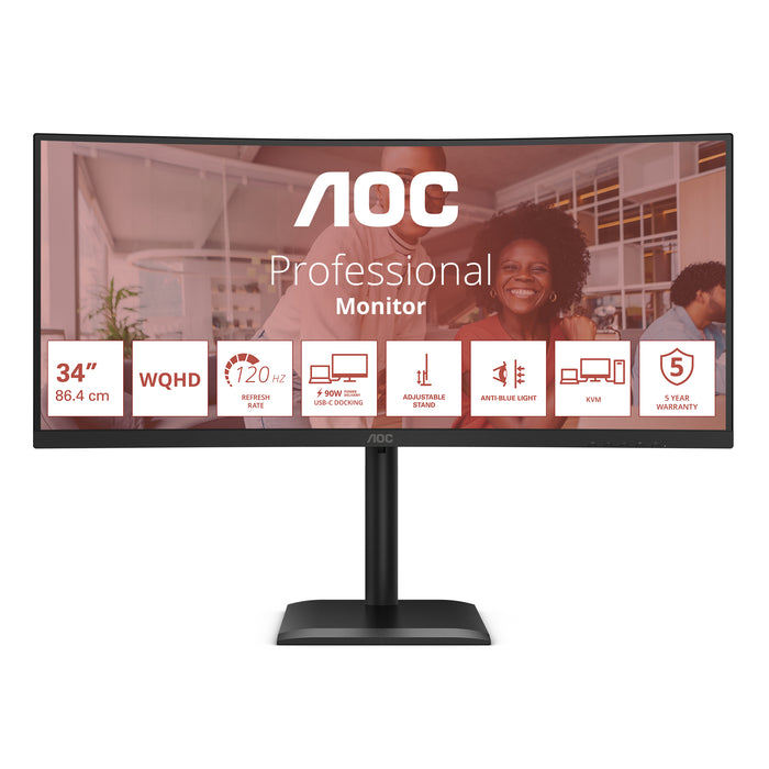 AOC E4 CU34E4CV, 86.4 cm (34"), 3440 x 1440 pixels, UltraWide Quad HD, LCD, 4 ms, Black