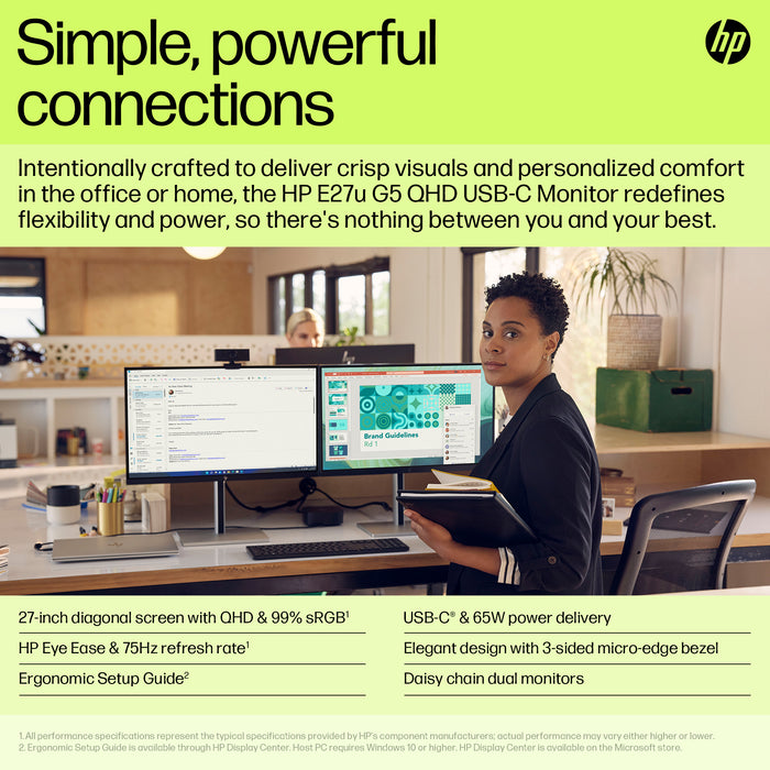 HP E27u G5 QHD USB-C Monitor, 68.6 cm (27"), 2560 x 1440 pixels, Quad HD, LCD, 5 ms, Black
