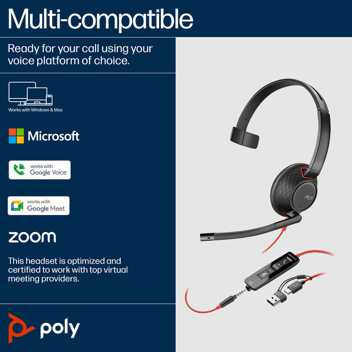 HP Poly Blackwire 5210 Monaural USB-C Headset +3.5mm Plug +USB-C/A Adapter, Wired, Office/Call center, 125.4 g, Headset, Black