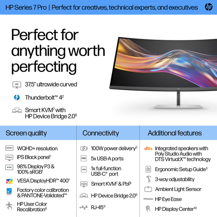 HP Series 7 Pro 37.5 inch WQHD+ Thunderbolt 4 Monitor - 738pu, 95.2 cm (37.5"), 3840 x 1600 pixels, Wide Quad HD+, LCD, 5 ms, Black