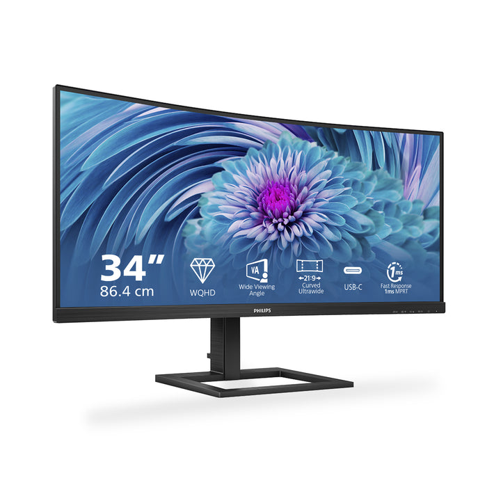 Philips E Line 346E2CUAE/00, 86.4 cm (34"), 3440 x 1440 pixels, Wide Quad HD+, LCD, 4 ms, Black