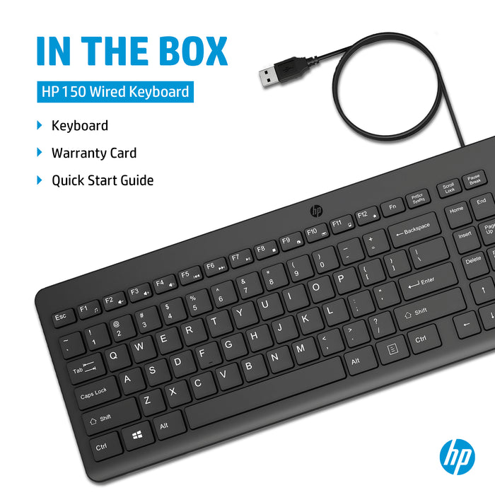 HP 150 Wired Keyboard, Full-size (100%), Wired, USB, Black