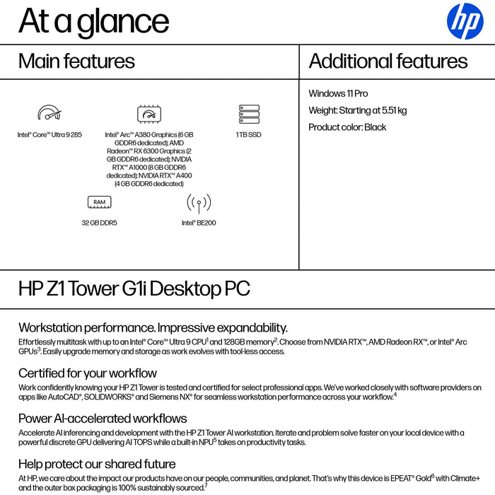 HP Z1 Tower G1i, Intel Core Ultra 9, 285, 32 GB, DDR5-SDRAM, 1 TB, Windows 11 Pro