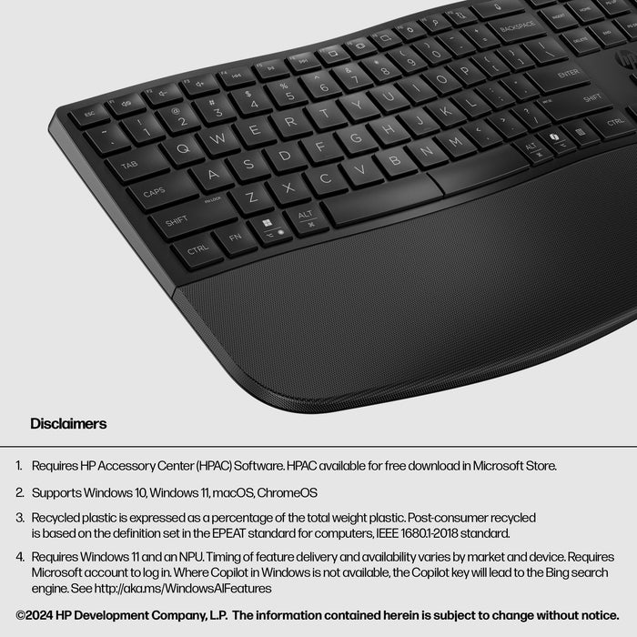 HP 680 Comfort Dual-Mode Keyboard, Full-size (100%), Wireless, RF Wireless + Bluetooth, Plunger key switch, Black