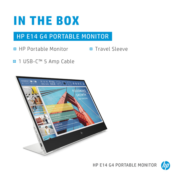 HP E-Series E14 G4 Portable Monitor, 35.6 cm (14"), 1920 x 1080 pixels, Full HD, LCD, 5 ms, Silver