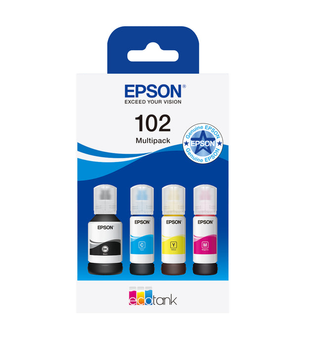 Epson 102 EcoTank 4-colour Multipack, Original, Black, Cyan, Magenta, Yellow, Epson, EcoTank ET-4750 Unlimited EcoTank ET-4750 EcoTank ET-3750 Unlimited EcoTank ET-3750 EcoTank..., 127 ml, 70 ml