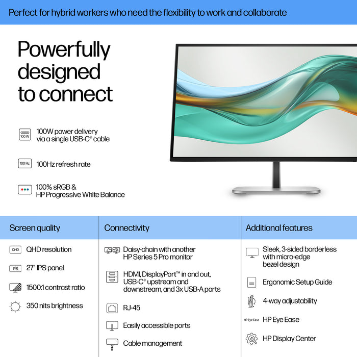 HP Series 5 Pro 27 inch QHD USB-C Monitor - 527pu, 68.6 cm (27"), 2560 x 1440 pixels, Quad HD, LCD, 5 ms, Black