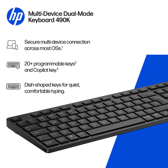 HP 490K Multi-Device Dual-Mode Keyboard, Full-size (100%), Wireless, USB + Bluetooth, Plunger key switch, QWERTY, Black