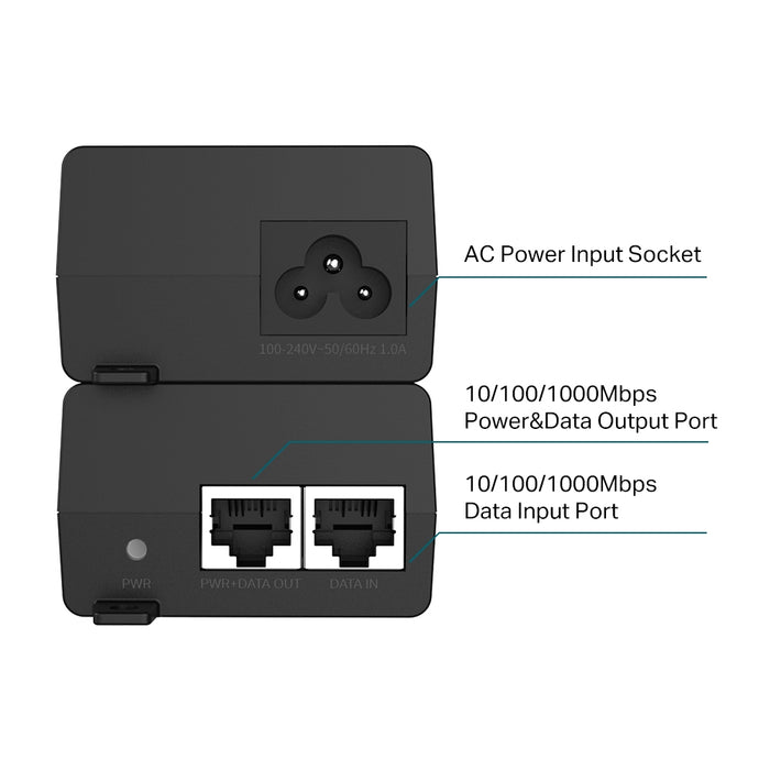 TP-Link Omada PoE+ Injector Adapter, Gigabit Ethernet, 10,100,1000 Mbit/s, 10/100/1000, IEEE 802.3ab, IEEE 802.3af, IEEE 802.3at, IEEE 802.3i, IEEE 802.3u, Cat3, Cat4, Cat5, Cat5e, Black