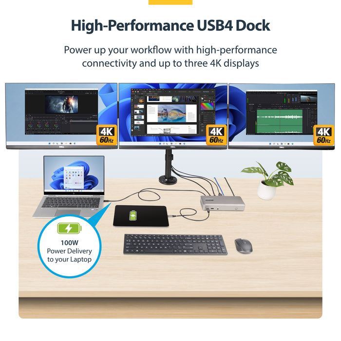 StarTech.com Triple-Monitor USB4 Docking Station, 4K 60Hz HDMI or DisplayPort, 100W Laptop Charging, 2.5GbE, USB-C Multi-Monitor Dock, Driverless, Wired, USB4, 3.5 mm, 10,100,1000,2500 Mbit/s, Grey, 40 Gbit/s