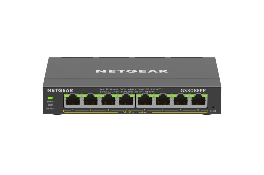 NETGEAR GS308EPP, Managed, L2/L3, Gigabit Ethernet (10/100/1000), Full duplex, Power over Ethernet (PoE)