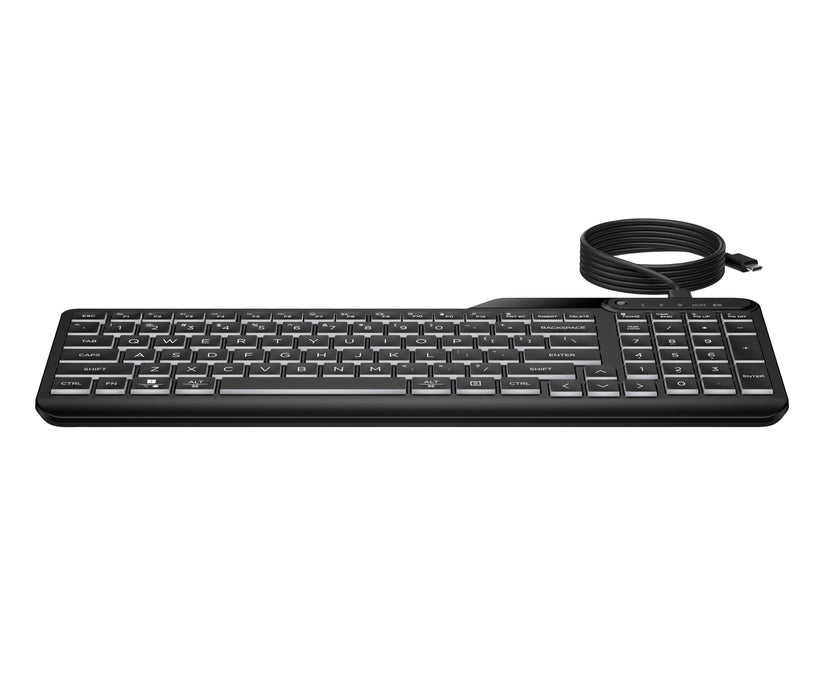 HP 405 Multi-Device Backlit Wired Keyboard, Full-size (100%), Wired, USB, Membrane, Black