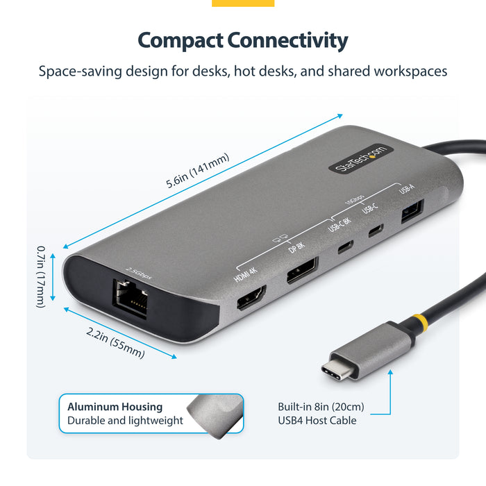 StarTech.com USB4 Multiport Adapter, Driverless Dual-4K for macOS and Windows, 140W Power Delivery Charging, 3-Port 10Gbps Hub, 2.5GbE, Mini Dock, Wired, USB4, 140 W, 10,100,1000,2500 Mbit/s, Grey, 40 Gbit/s