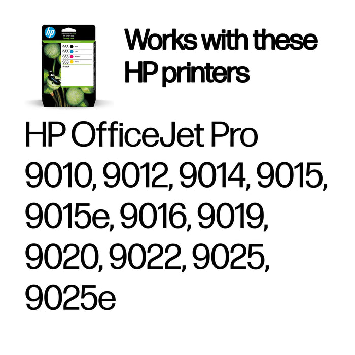 HP 963 4-pack Black/Cyan/Magenta/Yellow Original Ink Cartridges, Standard Yield, Black, Cyan, Magenta, Yellow, Pigment-based ink, Pigment-based ink, 47.86 ml, 5 pc(s)