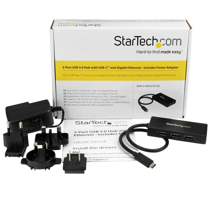 StarTech.com 3-Port USB-C Hub with Gigabit Ethernet - USB-C to 3x USB-A - USB 3.0 (5Gbps) - Includes Power Adapter - TAA, Wired, USB, Ethernet, 1000 Mbit/s, Black