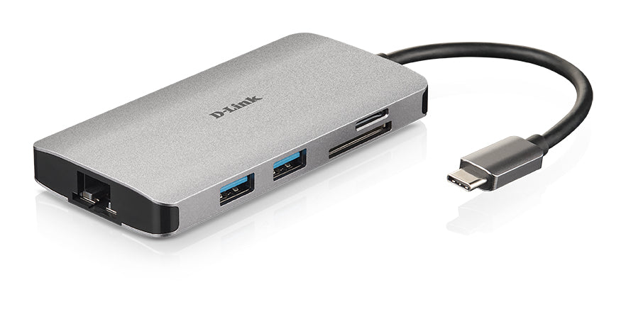 D-Link 8-in-1 USB-C Hub with HDMI/Ethernet/Card Reader/Power Delivery, Wired, USB 3.2 Gen 1 (3.1 Gen 1) Type-C, 100 W, IEEE 802.3, IEEE 802.3ab, IEEE 802.3u, IEEE 802.3x, Aluminium, MicroSD (TransFlash), SD, SDHC, SDXC