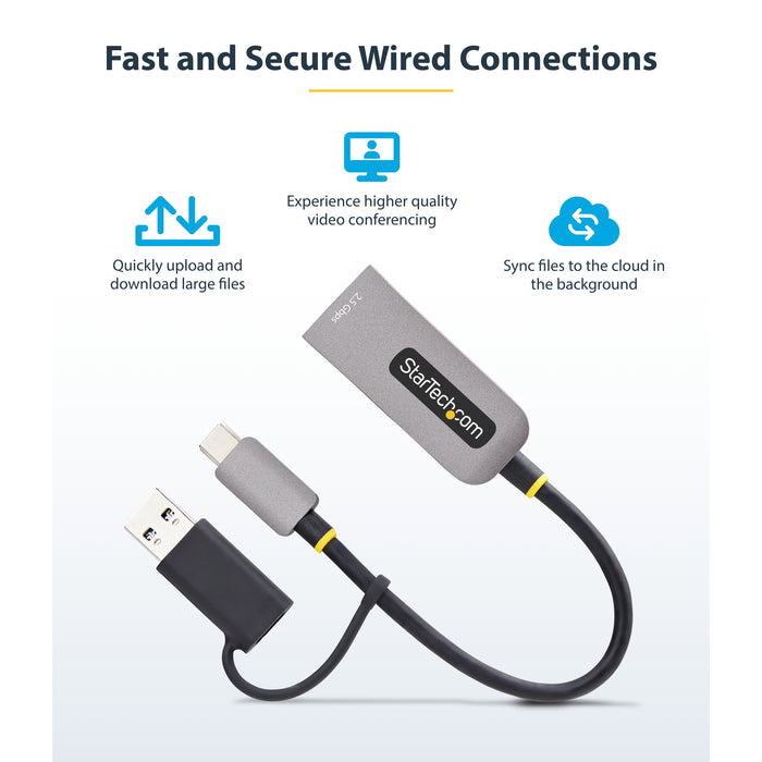 StarTech.com 2.5GbE USB-C to Ethernet Adapter with USB-A Converter, NBASE-T NIC, USB 3.0 Type-C 2.5/1G Multi Speed Network, Thunderbolt Compatible, Windows & Mac, Wired, USB Type-C, Ethernet, 5000 Mbit/s, Grey