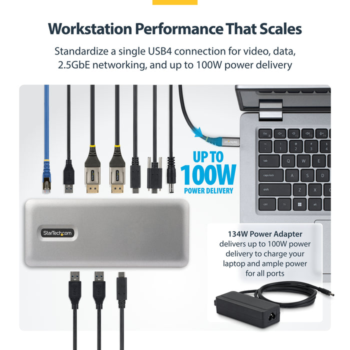 StarTech.com USB4 Docking Station, Driverless Dual 4K 144Hz for Mac and Windows, Universal USB-C Dock with DisplayPort, 100W PD and 2.5GbE, Wired, USB4, 10,100,1000,2500 Mbit/s, Grey, 10 Gbit/s, 8K Ultra HD