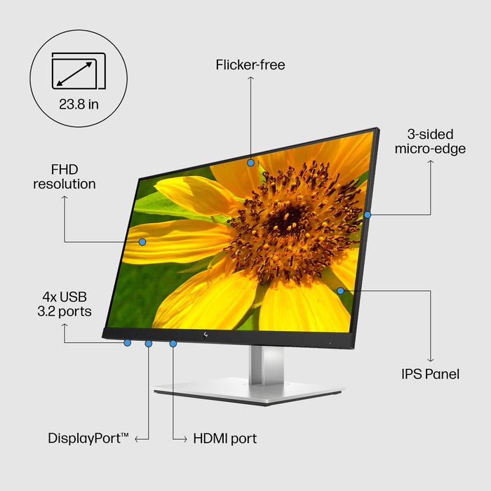HP E24 G4 FHD Monitor, 60.5 cm (23.8"), 1920 x 1080 pixels, Full HD, LED, 5 ms, Black, Silver