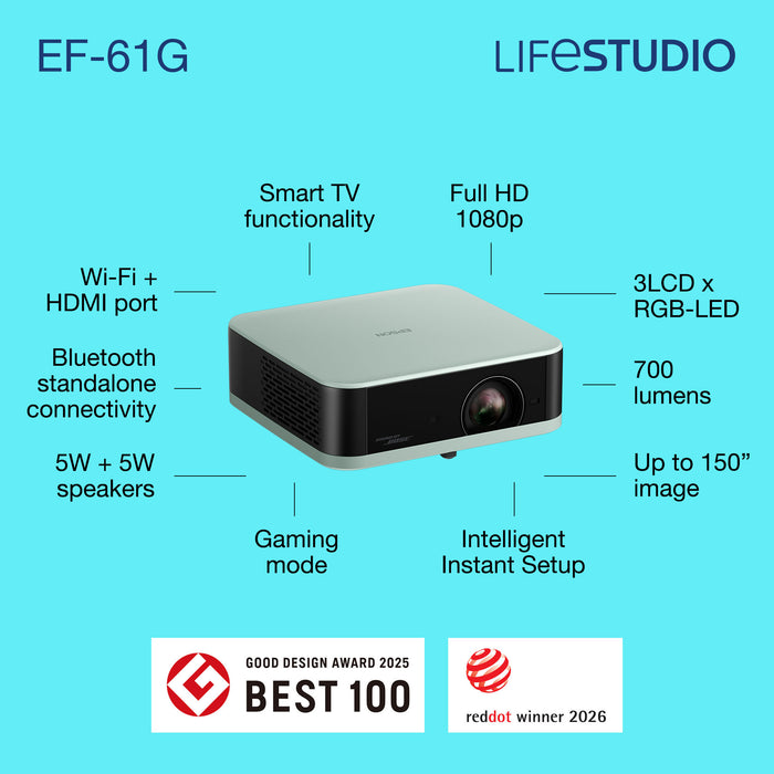 Epson Home Cinema Lifestudio Pop — EF-61G Ice Green, 700 ANSI lumens, 3LCD, 1080p (1920x1080), 5000000:1, 16:9, 762 - 3810 mm (30 - 150")