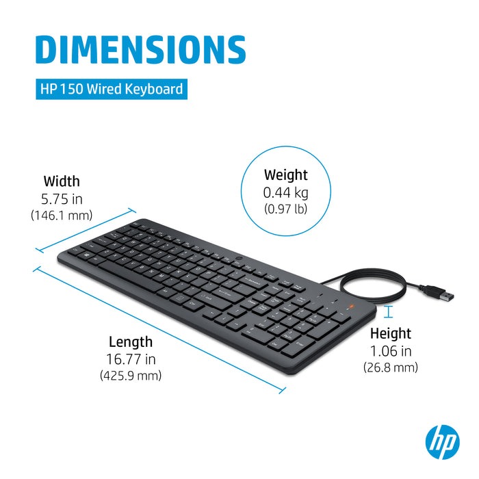 HP 150 Wired Keyboard, Full-size (100%), Wired, USB, Black