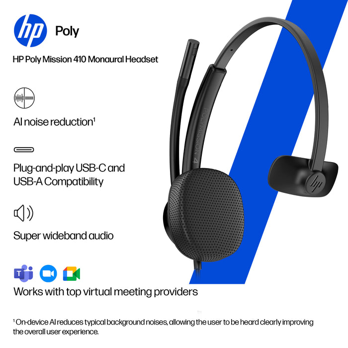 HP Poly Mission 415 Monaural USB Wired Headset Classic (Bulk), Wired, 97 g, Headset, Black