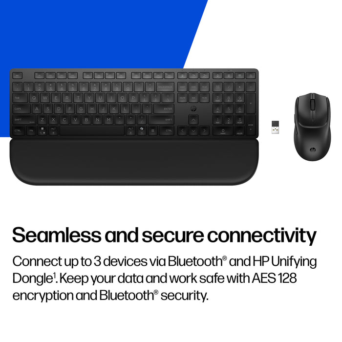 HP Multi-Device Dual-Mode Mouse and Keyboard Combo with Palm Rest 585C, Full-size (100%), Wireless, RF Wireless + Bluetooth, Plunger key switch, Black, Mouse included