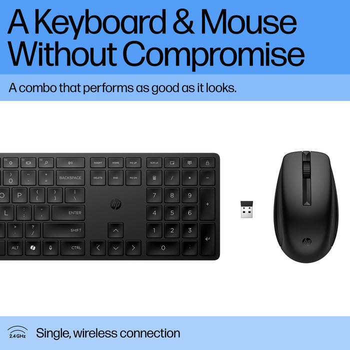 HP 655 Wireless Keyboard and Mouse Combo, Full-size (100%), Wireless, RF Wireless, Black, Mouse included