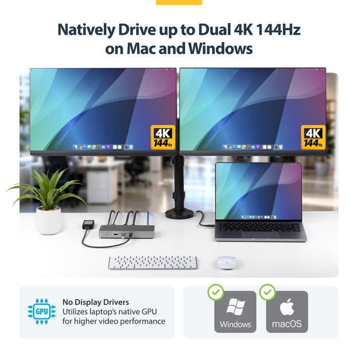 StarTech.com USB4 Docking Station, Driverless Dual 4K 144Hz for Mac and Windows, Universal USB-C Dock with DisplayPort, 100W PD and 2.5GbE, Wired, USB4, 10,100,1000,2500 Mbit/s, Grey, 10 Gbit/s, 8K Ultra HD