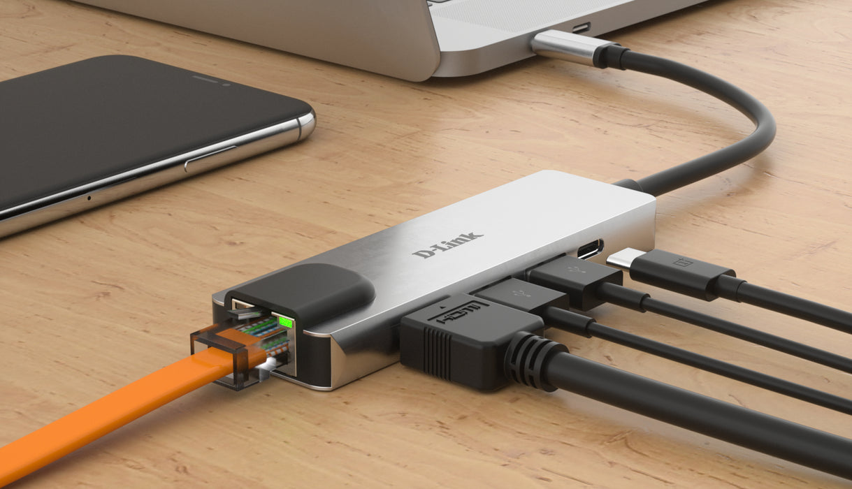 D-Link 5-in-1 USB-C Hub with HDMI/Ethernet and Power Delivery, Wired, Thunderbolt 3, 60 W, 10,100,1000 Mbit/s, IEEE 802.3, IEEE 802.3ab, IEEE 802.3az, IEEE 802.3u, IEEE 802.3x, Aluminium