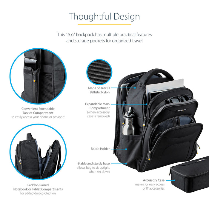 StarTech.com 15.6" Laptop Backpack with Removable Accessory Organizer Case - Professional IT Tech Backpack for Work/Travel/Commute - Ergonomic Computer Bag - Durable Ballistic Nylon - Notebook/Tablet Pockets, Backpack, 39.6 cm (15.6"), 1.5 kg