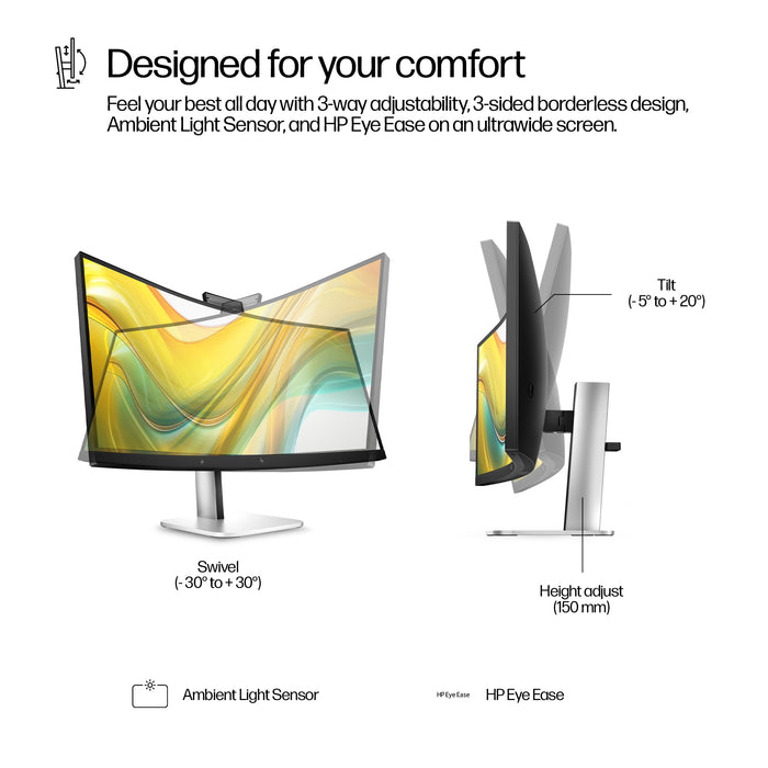 HP Series 5 Pro 34 inch WQHD USB-C Conferencing Monitor - 534pm, 86.4 cm (34"), 3440 x 1440 pixels, Wide Quad HD, LCD, 5 ms, Black