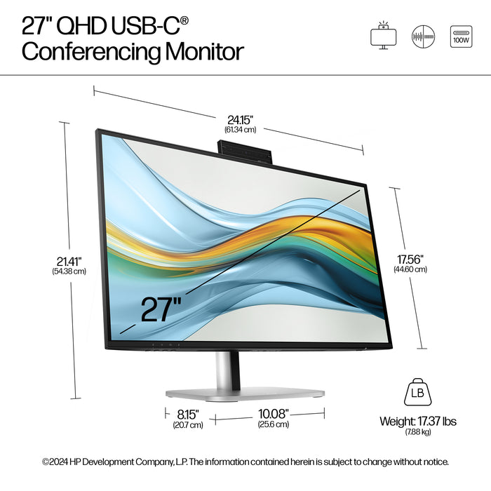 HP Series 5 Pro 27 inch QHD USB-C Conferencing Monitor - 527pm, 68.6 cm (27"), 2560 x 1440 pixels, Quad HD, LCD, 5 ms, Black