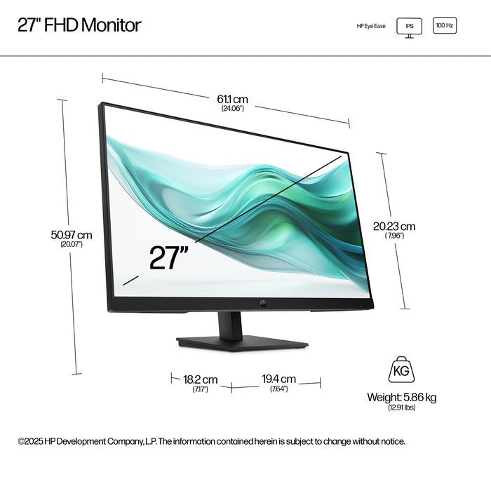 HP Series 3 Pro 27 inch FHD Monitor - 327ph, 68.6 cm (27"), 1920 x 1080 pixels, Full HD, LCD, 5 ms, Black