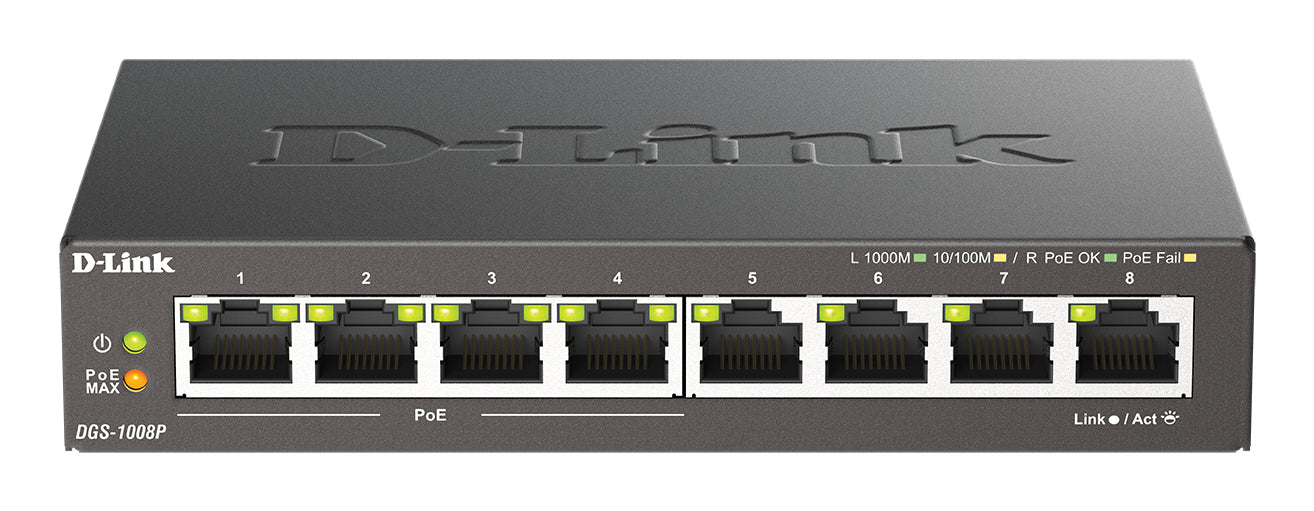 D-Link 8-Port Gigabit PoE Unmanaged Desktop Switch, Unmanaged, L2, Gigabit Ethernet (10/100/1000), Full duplex, Power over Ethernet (PoE), Rack mounting