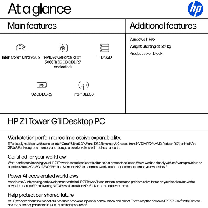 HP Z1 Tower G1i, Intel Core Ultra 9, 285, 32 GB, DDR5-SDRAM, Windows 11 Pro