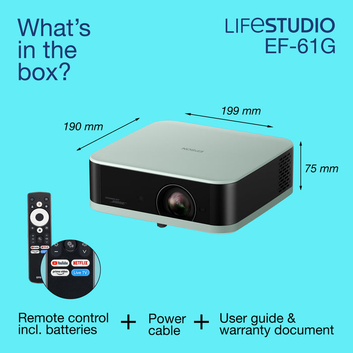 Epson Home Cinema Lifestudio Pop — EF-61G Ice Green, 700 ANSI lumens, 3LCD, 1080p (1920x1080), 5000000:1, 16:9, 762 - 3810 mm (30 - 150")