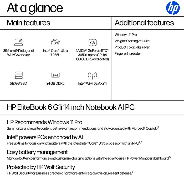 HP EliteBook 6 G1i AI PC, Intel Core Ultra 7, 35.6 cm (14"), 1920 x 1200 pixels, 24 GB, 512 GB, Windows 11 Pro