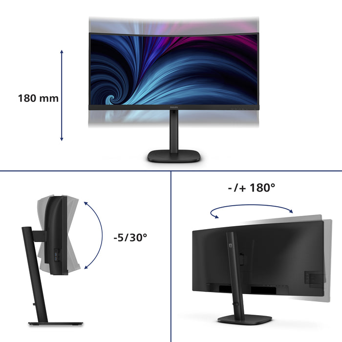 Philips 3000 series 34B2U3600C/00, 86.4 cm (34"), 3440 x 1440 pixels, Wide Quad HD, LCD, 4 ms, Black