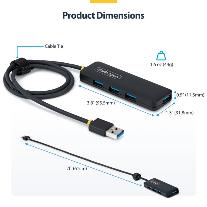 StarTech USB-A 4-Port Hub, SuperSpeed 5Gbps, 4 × USB-A Adapter, Bus-Powered Portable Hub with Extra Long 2 ft Cable, Plug-and-Play for MacBook, Dell, Chromebook, PC & Peripheral Devices